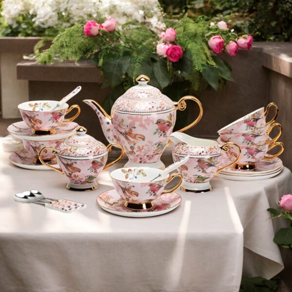 1729294150655 Pink Bird English Tea Set Bone China Teapot Set