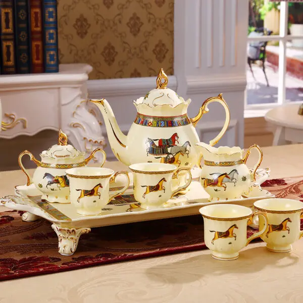 TSB16BB020 v2 Horse English Tea Set with Tray Porcelain Teapot Set
