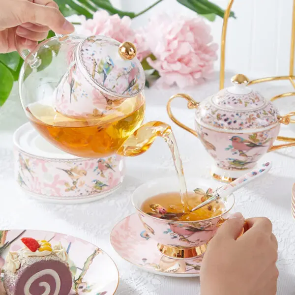 Glass Tea Set With Pink Porcelain Warmer