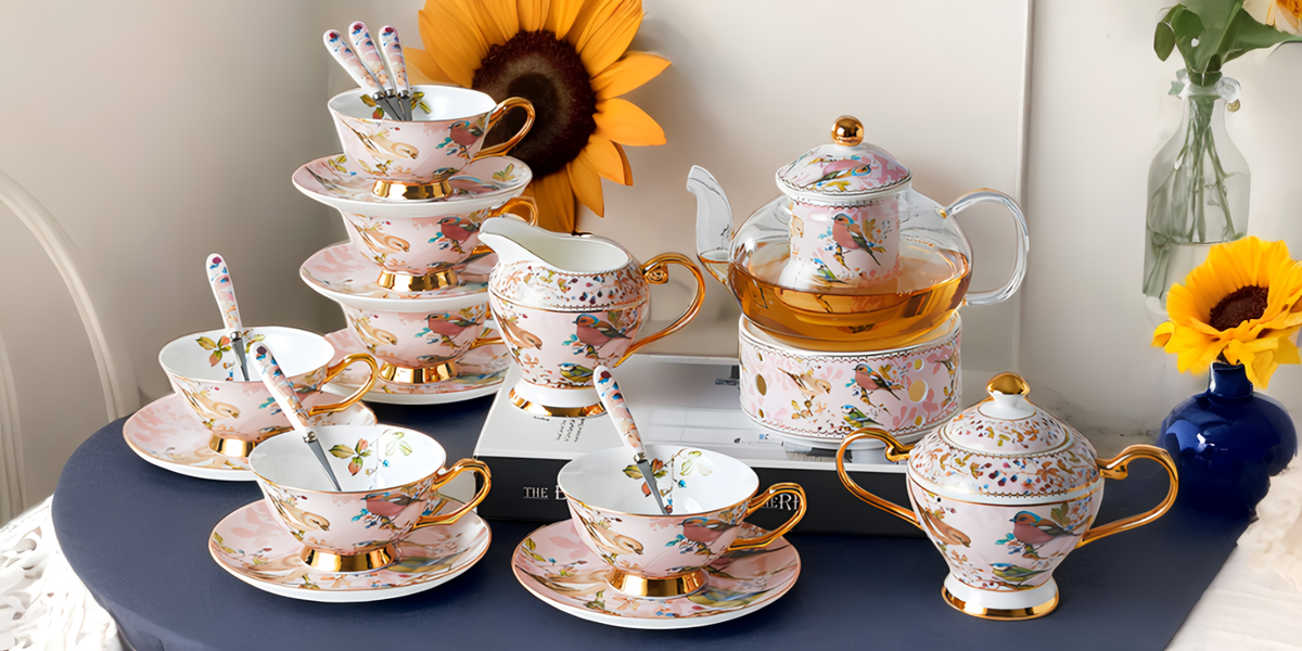 TSB1BB008 DDD 1 Pink Bird British Tea Set Bone China with Warmer