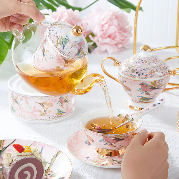 TSB1BB008 S1 Pink Bird British Tea Set Bone China with Warmer