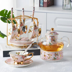 TSB1BB008 VS1 1 Pink Bird British Tea Set Bone China with Warmer