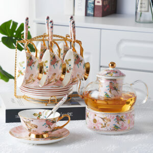 TSB1BB008 VS2 1 Pink Bird British Tea Set Bone China with Warmer