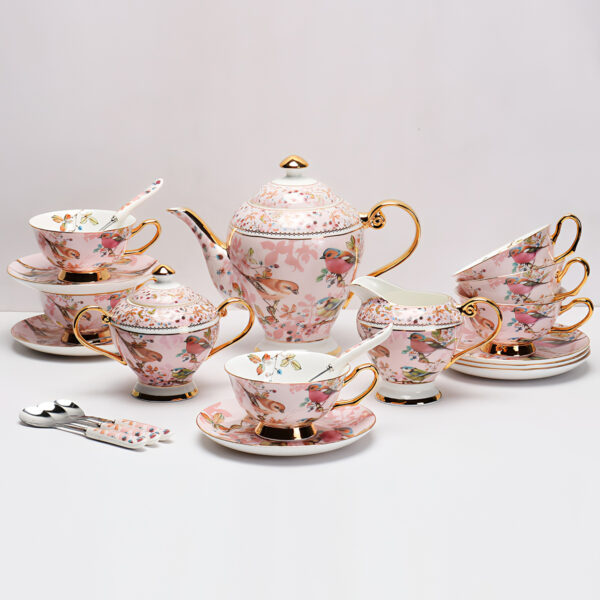 TSB23BB010 1 Pink Bird English Tea Set Bone China Teapot Set