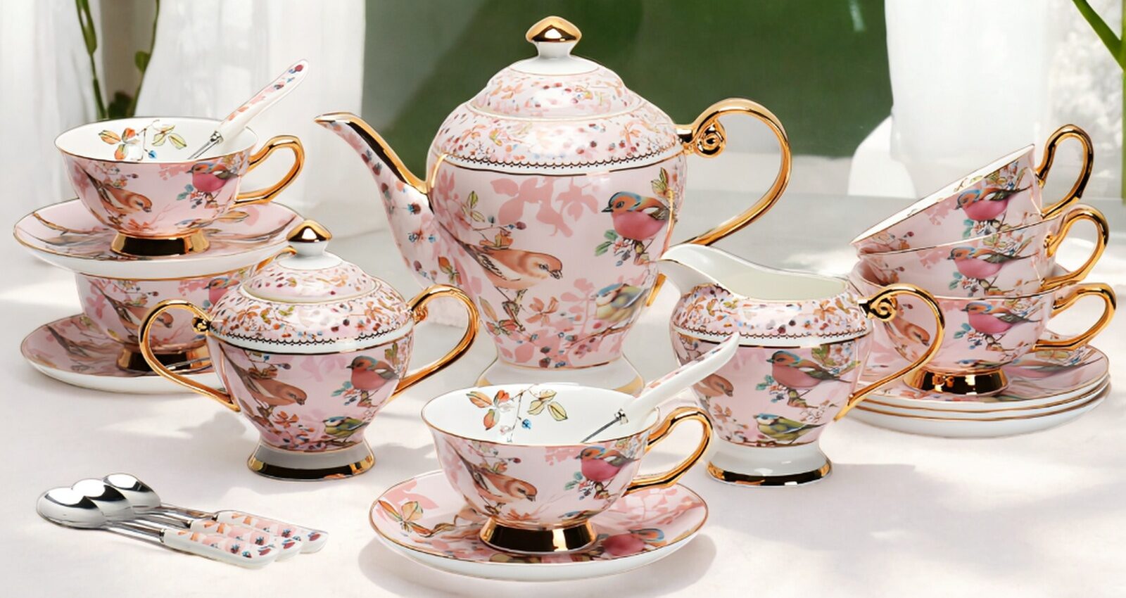 TSB23BB010 D0 Pink Bird English Tea Set Bone China Teapot Set