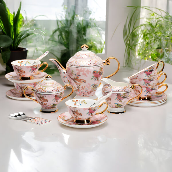 TSB23BB010 FF Pink Bird English Tea Set Bone China Teapot Set