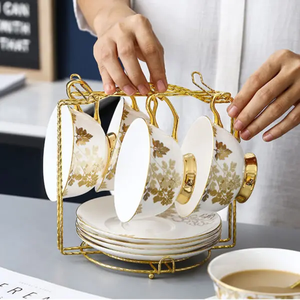 Floral Leaf Chinese Tea Cup With Lid And Saucer